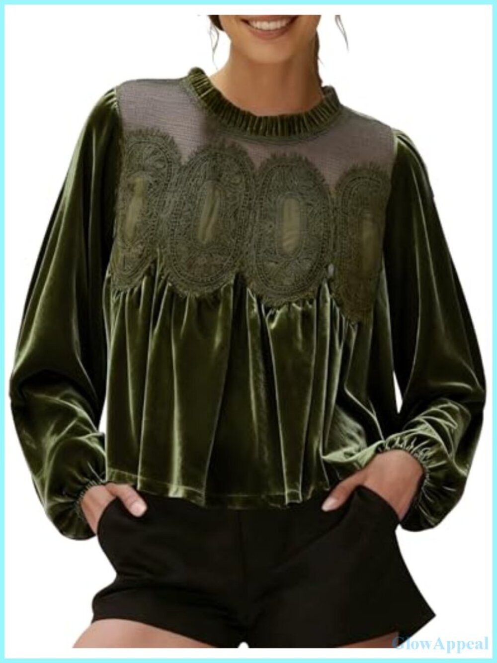 Long Sleeve Velvet Trim Lace Blouse Flared Silhouette